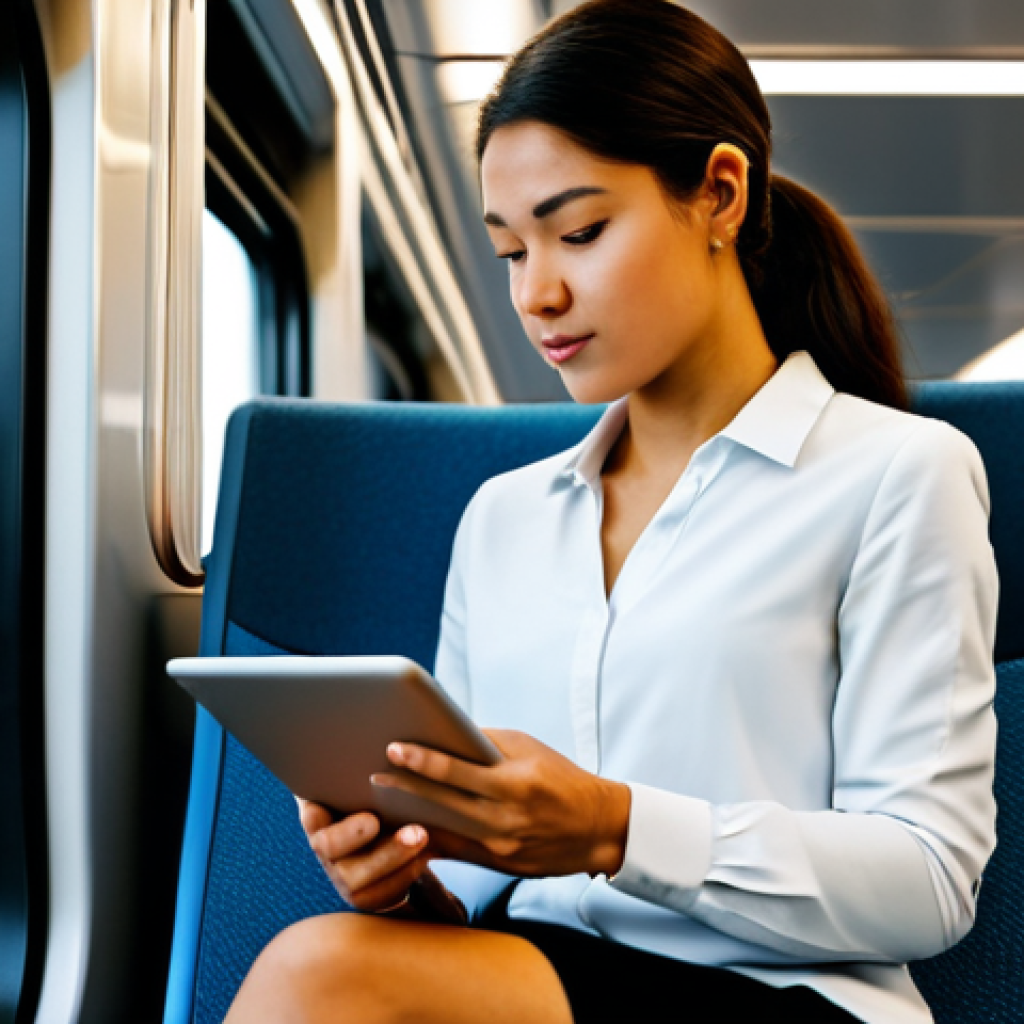 A focused professional in a modest business casual outfit, seated on a modern train. They are subtly interacting with a tablet displaying a clean, organized to-do list with a checkmark, indicating efficient task completion during a productive commute. The background features a blurred, sleek train interior with soft ambient lighting. Professional photography, clean lines, minimalist aesthetic. High quality, perfect anatomy, correct proportions, natural pose, well-formed hands, proper finger count, natural body proportions, safe for work, appropriate content, fully clothed, modest clothing, appropriate attire, professional dress, family-friendly.