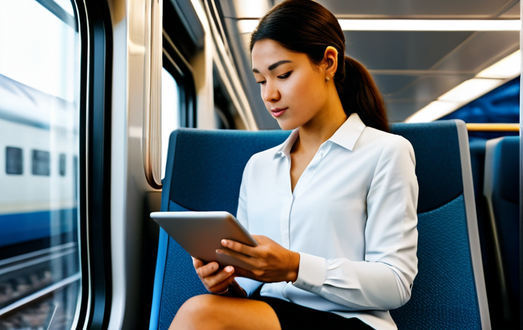 A focused professional in a modest business casual outfit, seated on a modern train. They are subtly interacting with a tablet displaying a clean, organized to-do list with a checkmark, indicating efficient task completion during a productive commute. The background features a blurred, sleek train interior with soft ambient lighting. Professional photography, clean lines, minimalist aesthetic. High quality, perfect anatomy, correct proportions, natural pose, well-formed hands, proper finger count, natural body proportions, safe for work, appropriate content, fully clothed, modest clothing, appropriate attire, professional dress, family-friendly.