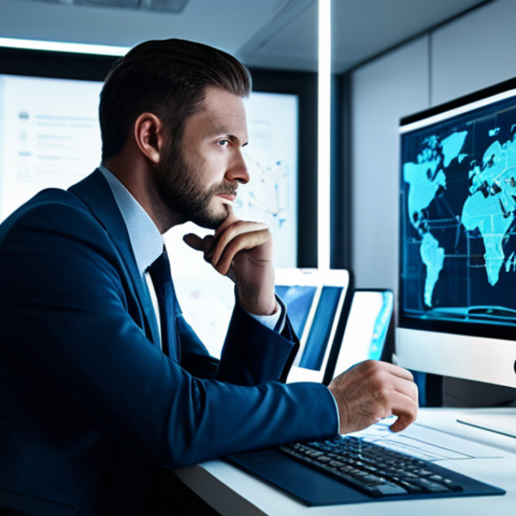A focused professional game strategist, fully clothed in a modest business suit, sitting at a sleek, minimalist desk. The desk features holographic projections displaying abstract game data, strategic flowcharts, and glowing, intricate network lines, suggesting deep analysis. The background is a modern, clean office space with soft ambient lighting. High-resolution, professional photography, soft focus, cinematic lighting, perfect anatomy, correct proportions, natural pose, well-formed hands, proper finger count, natural body proportions, safe for work, appropriate content, fully clothed, professional dress, family-friendly.