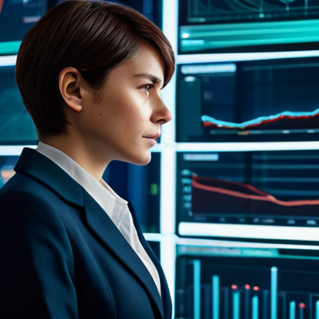 A focused, professional woman in a crisp, modest business blazer over a collared shirt, deeply engrossed in a holographic display showing complex game statistics and character profiles. She has short, neat hair and a thoughtful expression. The background is a clean, futuristic control room with subtle glow effects from data screens. The scene conveys strategic planning and optimization, fully clothed, modest clothing, appropriate attire, professional dress, safe for work, appropriate content, professional photography, perfect anatomy, correct proportions, natural pose, well-formed hands, proper finger count, natural body proportions, high-resolution, sharp focus, detailed textures, cinematic lighting, high quality.