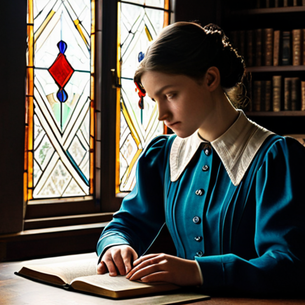 A young woman, reminiscent of the 'Reverse: 1999' art style, fully clothed in a modest, historically-inspired outfit, professional dress. She stands reflectively in a dimly lit, richly detailed study from a bygone era, soft light filtering through a leaded glass window highlighting antique books and a globe. Her expression conveys deep thought and inner strength, with well-formed hands resting gently on a wooden desk. The scene is imbued with a sense of mystery and narrative, utilizing dramatic light and shadow for atmosphere. Correct proportions, natural body proportions, perfect anatomy, well-formed hands, proper finger count. Cinematic photography, high detail, masterpiece quality. Safe for work, appropriate content, family-friendly.
