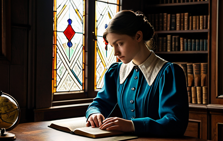 A young woman, reminiscent of the 'Reverse: 1999' art style, fully clothed in a modest, historically-inspired outfit, professional dress. She stands reflectively in a dimly lit, richly detailed study from a bygone era, soft light filtering through a leaded glass window highlighting antique books and a globe. Her expression conveys deep thought and inner strength, with well-formed hands resting gently on a wooden desk. The scene is imbued with a sense of mystery and narrative, utilizing dramatic light and shadow for atmosphere. Correct proportions, natural body proportions, perfect anatomy, well-formed hands, proper finger count. Cinematic photography, high detail, masterpiece quality. Safe for work, appropriate content, family-friendly.