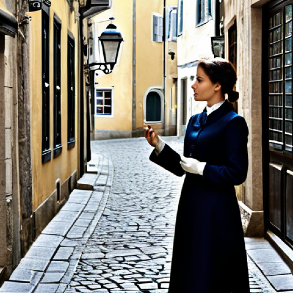 **

"A woman with magnifying glass in a detailed alleyway scene, searching for clues in a charming European-style town. Shops with intricate details line the street, emphasizing a sense of mystery and discovery. She wears modest, everyday clothing suitable for exploring. Safe for work, appropriate content, fully clothed, professional, perfect anatomy, correct proportions, natural pose, well-formed hands, proper finger count, natural body proportions, high quality."

**