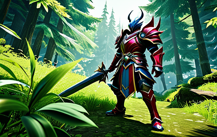 **共鳴レベル上げ風景:** A determined anime-style game character, fully clothed in fantasy armor, is battling monsters in a lush forest environment. UI elements suggesting "共鳴結晶" collection are visible. Bright colors, dynamic action pose, safe for work, professional quality, appropriate content. Includes "perfect anatomy," "correct proportions," "natural pose." The scene is family-friendly.