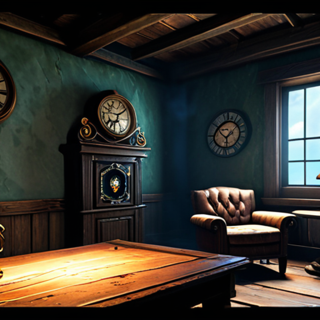 리버스 1999 초보자 가이드 - 9) looking towards Vertin with a mix of awe and anticipation. The setting is a cozy, atmospheric cor...