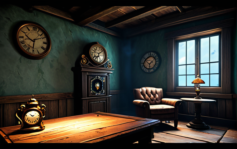 리버스 1999 초보자 가이드 - 9) looking towards Vertin with a mix of awe and anticipation. The setting is a cozy, atmospheric cor...