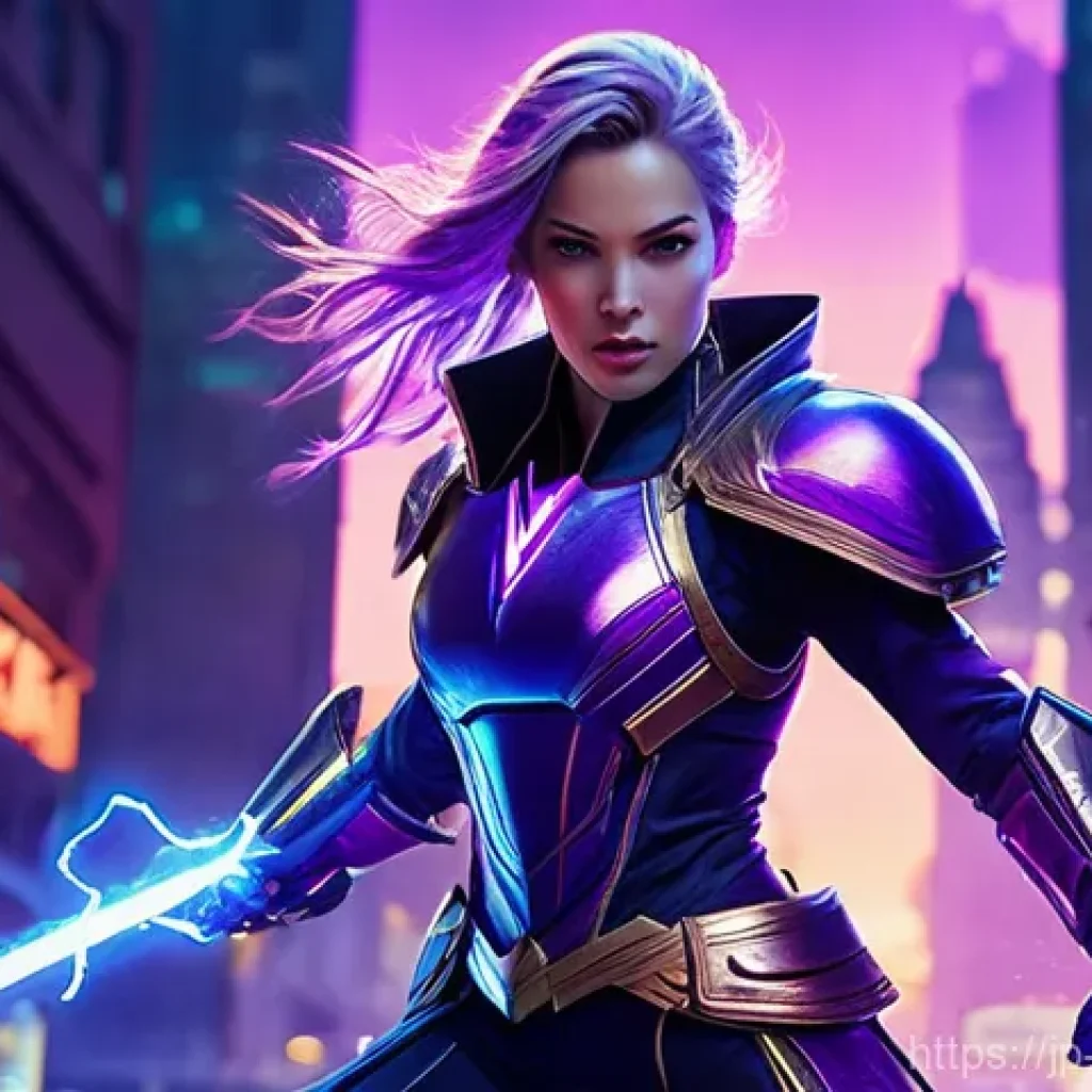 리버스 1999 메타 분석 - A dynamic, strong female main attacker from "Reverse: 1999" in mid-action, wielding an arcane weapon...