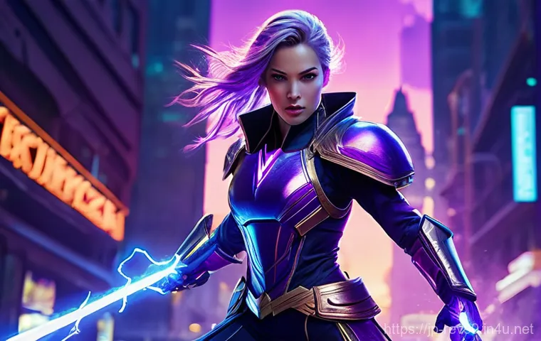 리버스 1999 메타 분석 - A dynamic, strong female main attacker from "Reverse: 1999" in mid-action, wielding an arcane weapon...