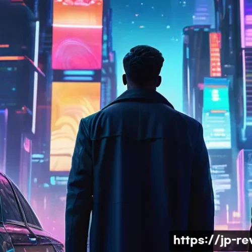 리버스 1999 스토리 라인의 매력 - A futuristic cityscape at twilight, where neon lights flicker against towering skyscrapers and holog...