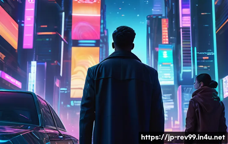 리버스 1999 스토리 라인의 매력 - A futuristic cityscape at twilight, where neon lights flicker against towering skyscrapers and holog...