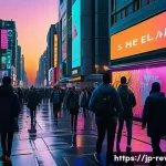 리버스 1999 게임 내 월드빌딩 - A bustling futuristic city street scene at dusk, featuring sleek high-rise buildings with reflective...