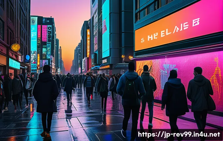 리버스 1999 게임 내 월드빌딩 - A bustling futuristic city street scene at dusk, featuring sleek high-rise buildings with reflective...