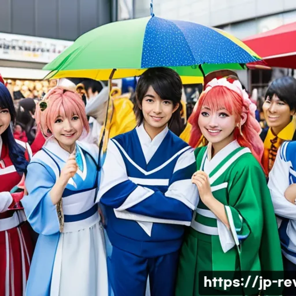 리버스 1999 팬덤 문화의 성장 - A vibrant fan meetup event in Japan featuring diverse cosplayers dressed in detailed costumes inspir...