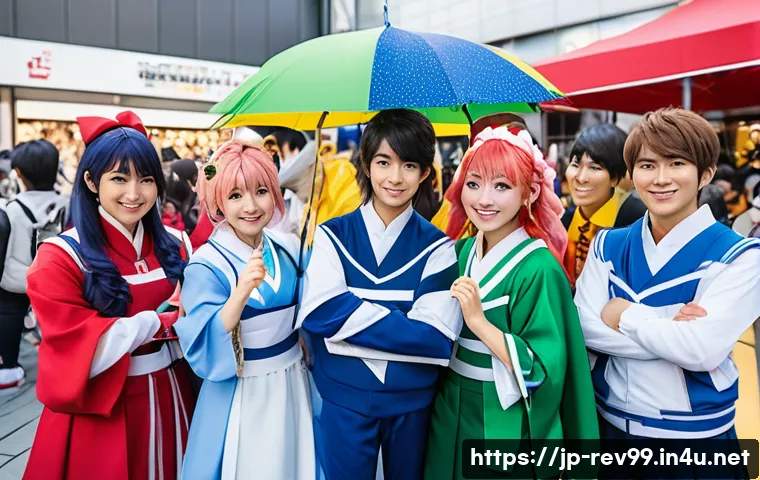 리버스 1999 팬덤 문화의 성장 - A vibrant fan meetup event in Japan featuring diverse cosplayers dressed in detailed costumes inspir...