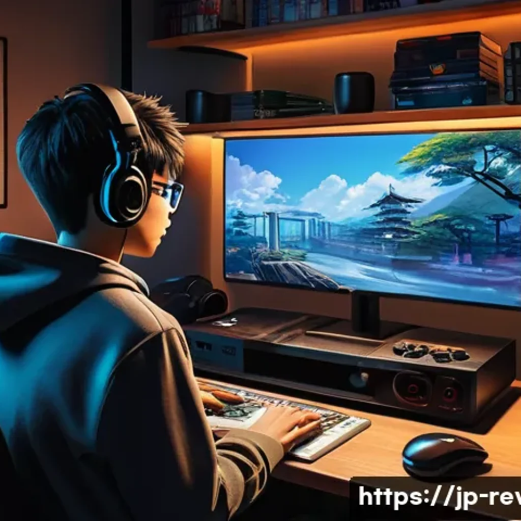 리버스 1999 추천 유튜버 - A detailed scene of a Japanese-style gaming room featuring a young adult player watching a “Reverse:...