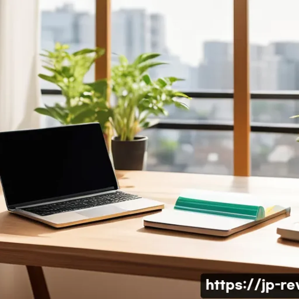 리버스 1999 효율적인 시간 관리 - A modern Japanese home office setup featuring a minimalist wooden desk near a large window with natu...