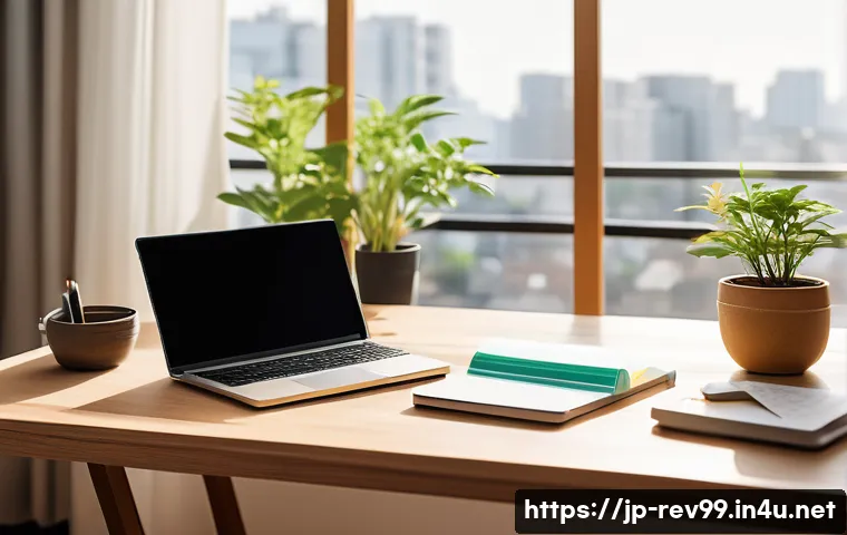 리버스 1999 효율적인 시간 관리 - A modern Japanese home office setup featuring a minimalist wooden desk near a large window with natu...