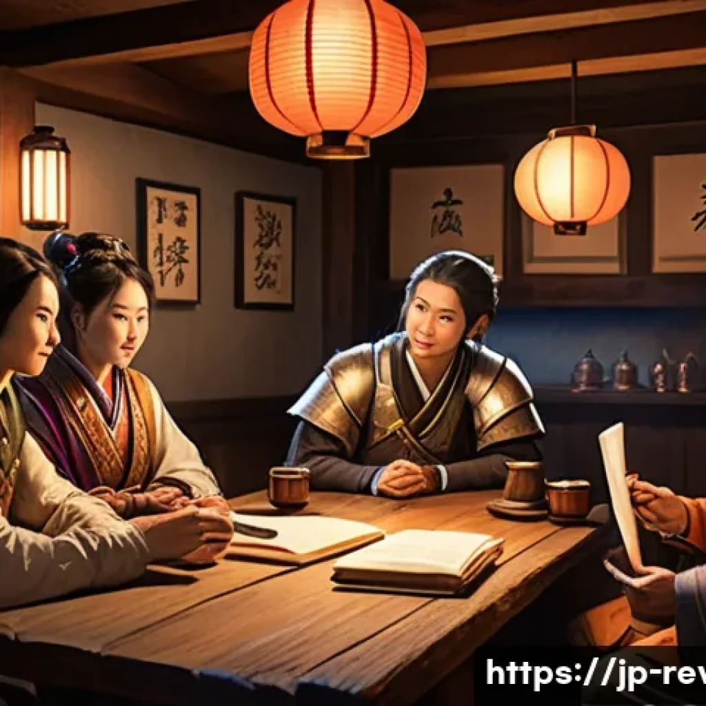 리버스 1999 길드 관리 팁 - A vibrant guild meeting scene inside a cozy fantasy tavern, showcasing diverse characters with disti...