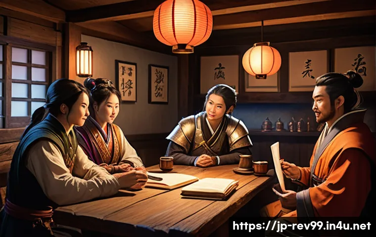 리버스 1999 길드 관리 팁 - A vibrant guild meeting scene inside a cozy fantasy tavern, showcasing diverse characters with disti...