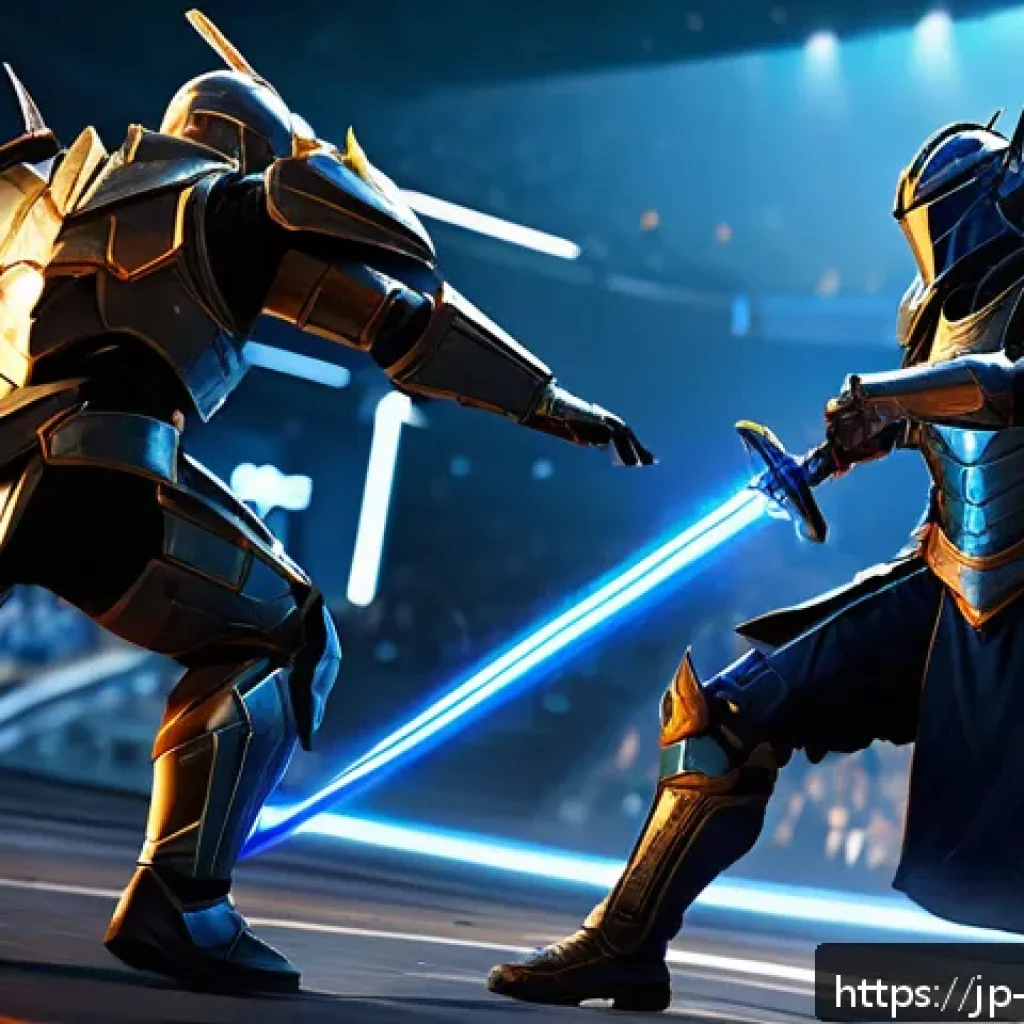 리버스 1999 최고의 PvP 빌드 - A dynamic PvP battle scene set in a futuristic arena, featuring two armored warriors clashing with s...