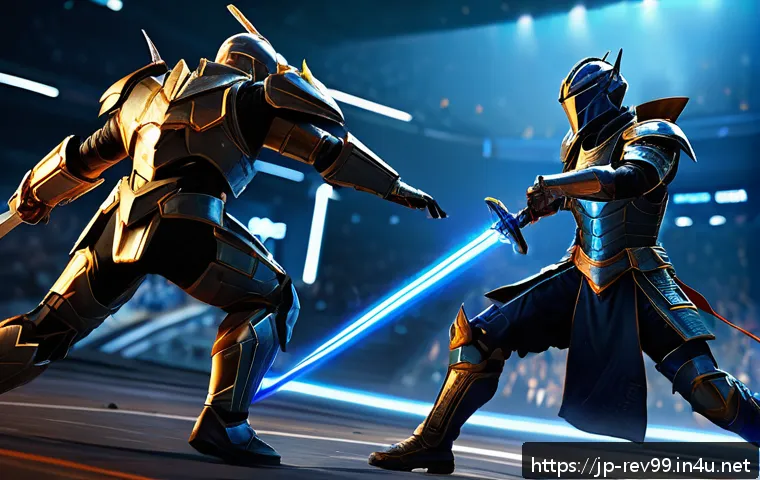 리버스 1999 최고의 PvP 빌드 - A dynamic PvP battle scene set in a futuristic arena, featuring two armored warriors clashing with s...