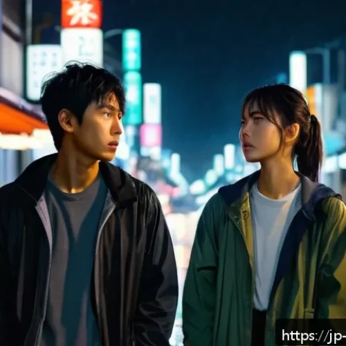 리버스 1999 가장 인기 있는 명대사 - A dramatic scene set in a rainy urban street at night, featuring two young Japanese adults in their ...