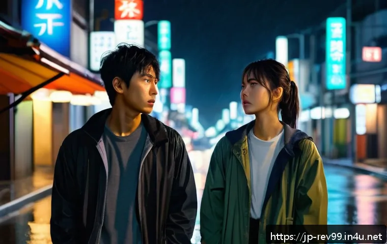 리버스 1999 가장 인기 있는 명대사 - A dramatic scene set in a rainy urban street at night, featuring two young Japanese adults in their ...