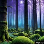 리버스 1999 배경음악 다운로드 - A serene, mystical forest at twilight, bathed in soft blue and purple hues, with delicate light rays...