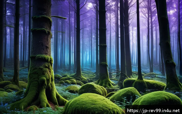 리버스 1999 배경음악 다운로드 - A serene, mystical forest at twilight, bathed in soft blue and purple hues, with delicate light rays...