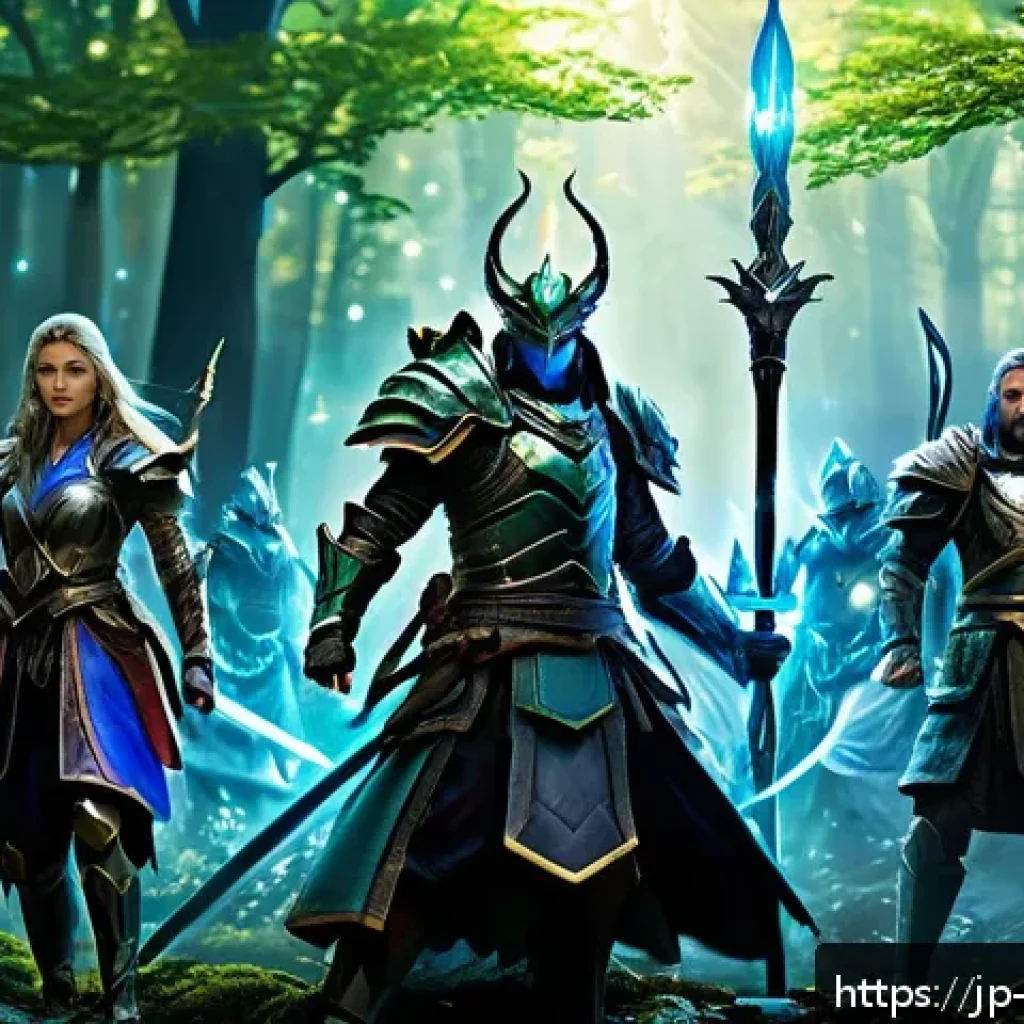 리버스 1999 최고 효율 팀 편성 - A dynamic fantasy RPG battle scene featuring a well-balanced team formation: in the front row, a stu...