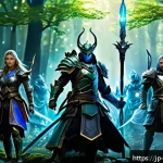 리버스 1999 최고 효율 팀 편성 - A dynamic fantasy RPG battle scene featuring a well-balanced team formation: in the front row, a stu...