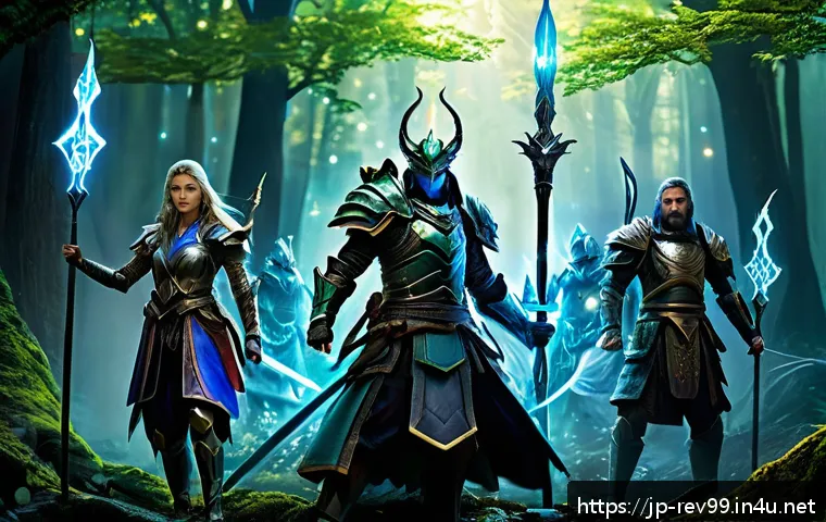 리버스 1999 최고 효율 팀 편성 - A dynamic fantasy RPG battle scene featuring a well-balanced team formation: in the front row, a stu...