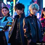 리버스 1999 팬들과 함께하는 이벤트 - A dynamic scene featuring a group of anime-style characters in vibrant, event-exclusive outfits, eac...