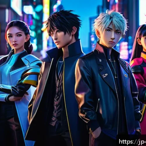 리버스 1999 팬들과 함께하는 이벤트 - A dynamic scene featuring a group of anime-style characters in vibrant, event-exclusive outfits, eac...