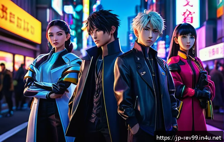 리버스 1999 팬들과 함께하는 이벤트 - A dynamic scene featuring a group of anime-style characters in vibrant, event-exclusive outfits, eac...