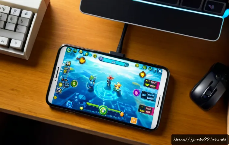 리버스 1999 초보자 탈출 공략 - Photorealistic overhead view of a tidy Japanese gamer’s desk, a smartphone showing an abstract fanta...