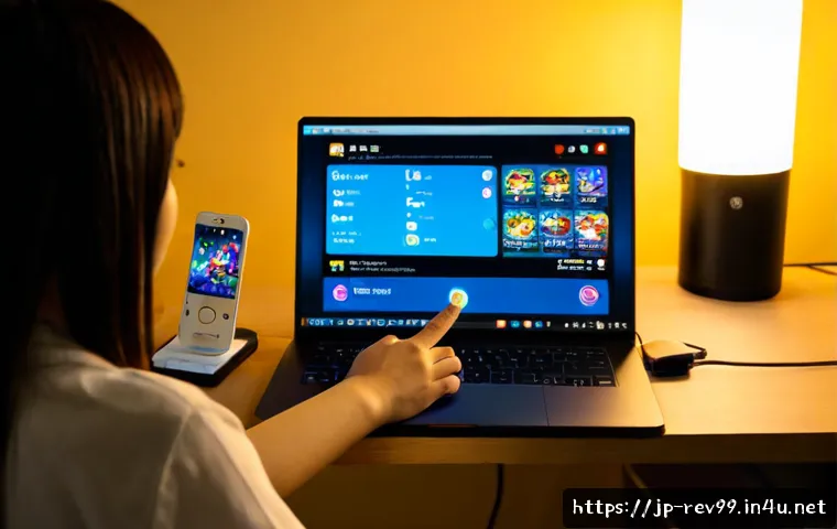 리버스 1999 콜라보 이벤트 참여법 - Photorealistic Japanese adult gamer at a clean home desk, holding a smartphone beside an open laptop...