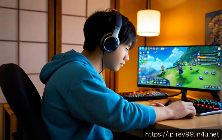 리버스 1999 신규 유저 커뮤니티 - Photorealistic cozy Japanese apartment desk scene, a young adult beginner gamer wearing casual cloth...