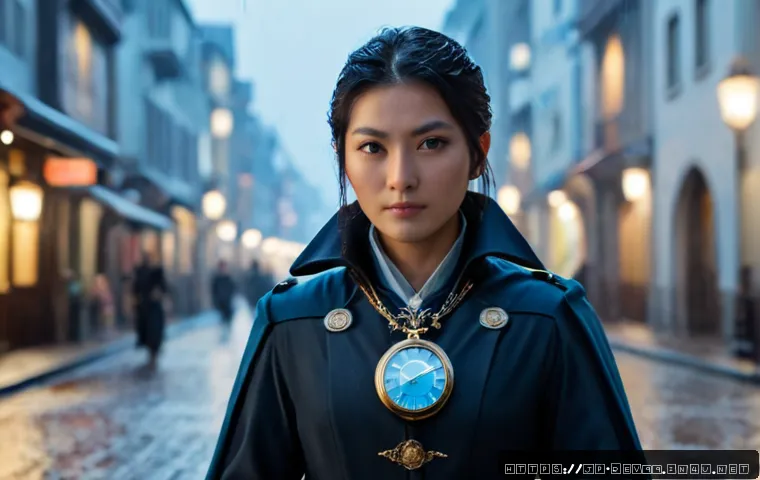 리버스 1999 최고의 PvP 캐릭터 - Photorealistic cinematic portrait of a confident fantasy time-mage PvP champion, elegant dark milita...