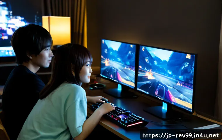 리버스 1999 협동 플레이 전략 - Photorealistic cozy gaming room in Tokyo at night, two adult friends cooperating at separate desktop...